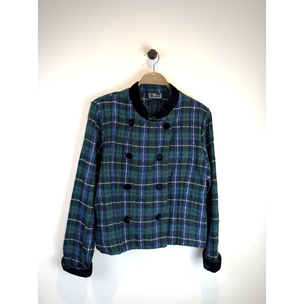 Vtg Kaitlyn O'Farrel Tartan Plaid Velvet Collar Button Blazer Sz 14 USA Holiday